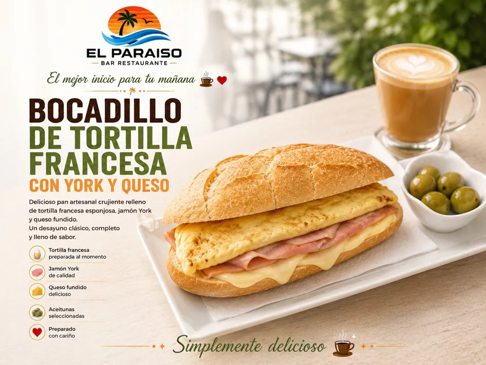 Bocadillo de tortilla francesa con york y queso